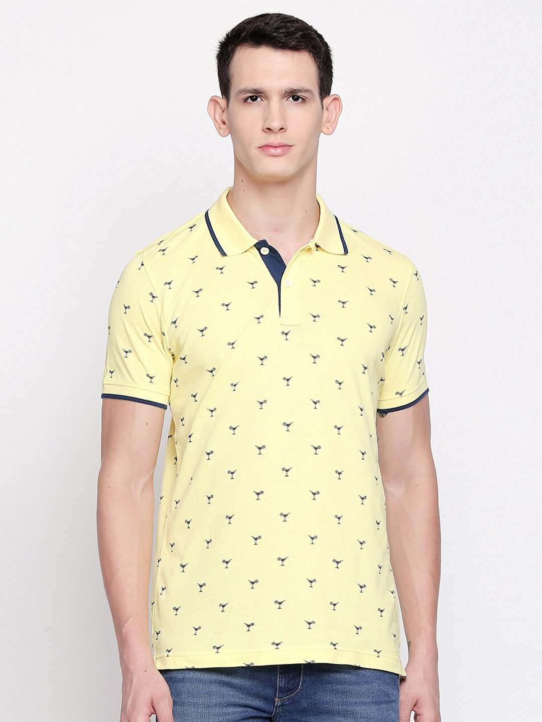 Basics Men Yellow Printed Polo Collar Muscle Fit T-shirt