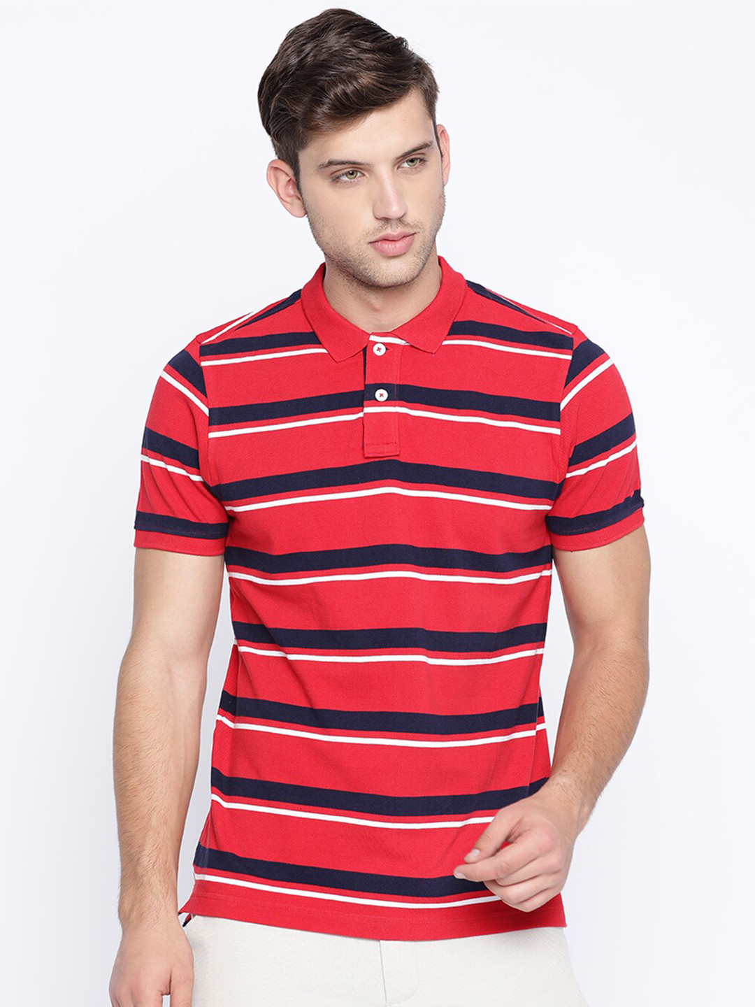 Basics Men Red & Blue Striped Polo Collar Slim Fit T-shirt