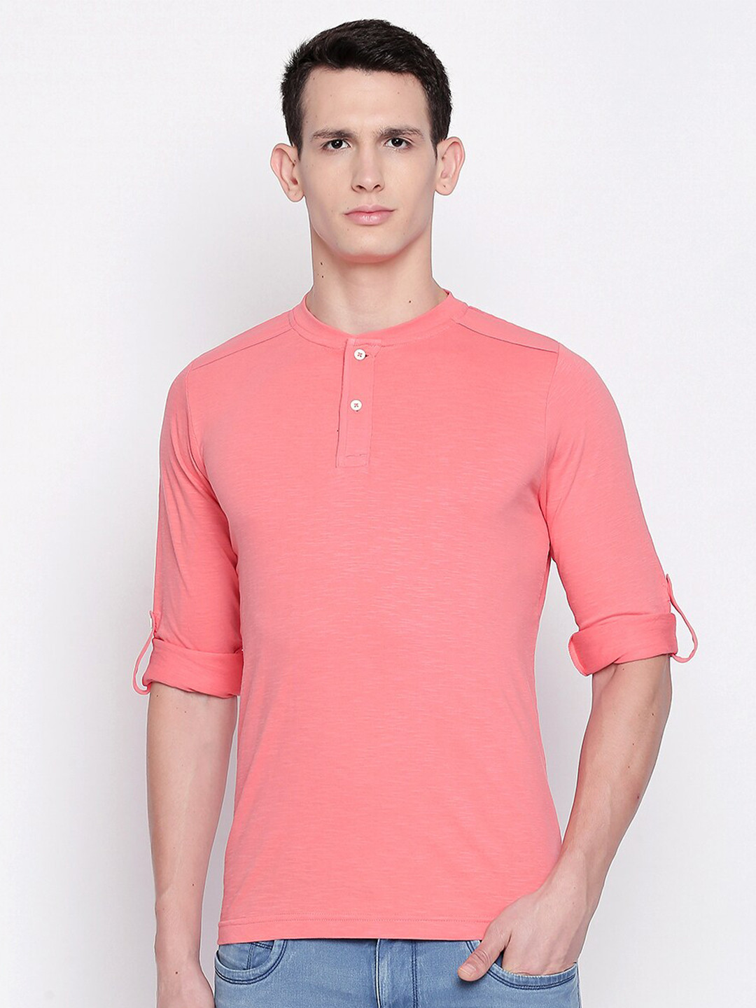 Basics Men Pink Henley Neck Roll-Up Sleeves Slim Fit T-shirt