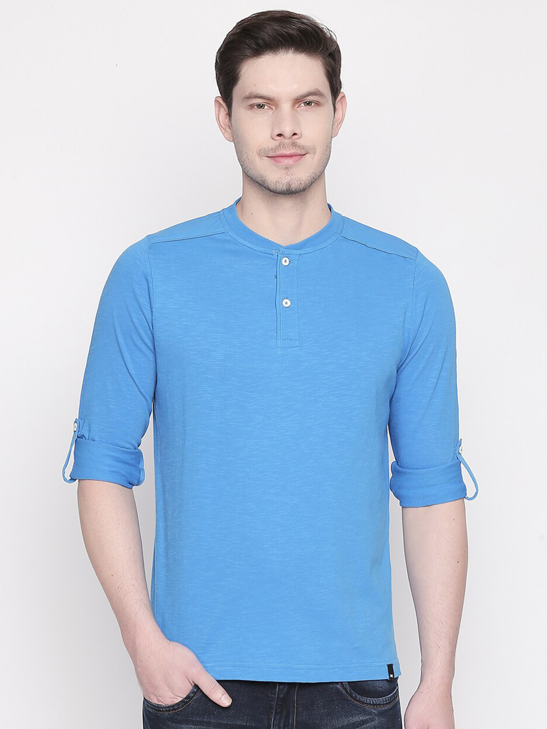 Basics Men Blue Henley Neck Roll-Up Sleeves Slim Fit T-shirt