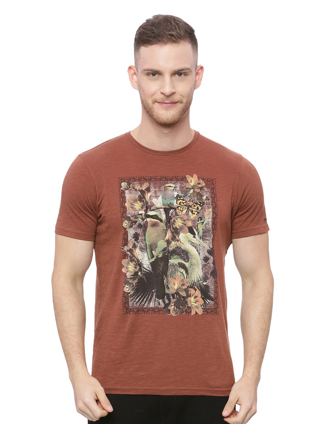 Basics Men Brown Printed Muscle Fit T-shirt