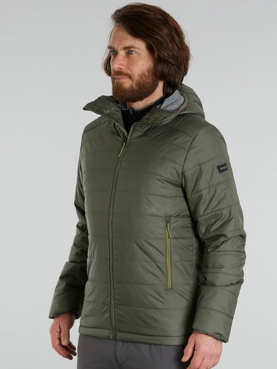 Decathlon Men Solid Khaki Upto -5 Degrees Hooded Synthetic Puffer Jacket