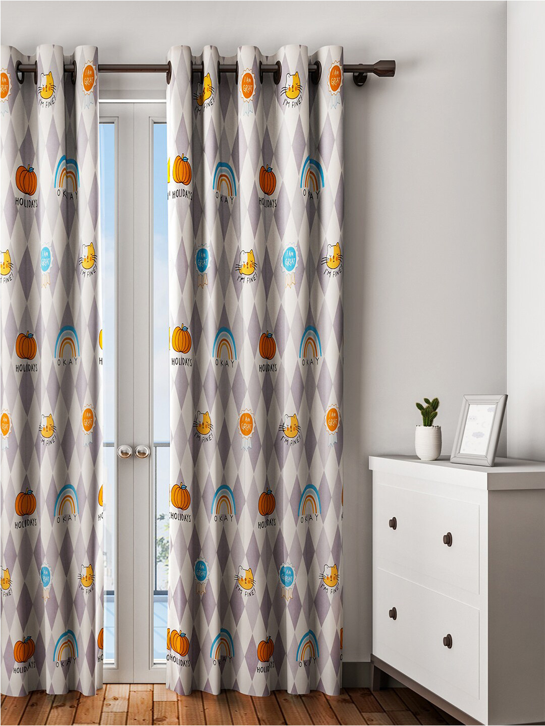 URBAN DREAM Grey & Orange Quirky Long Door Curtain