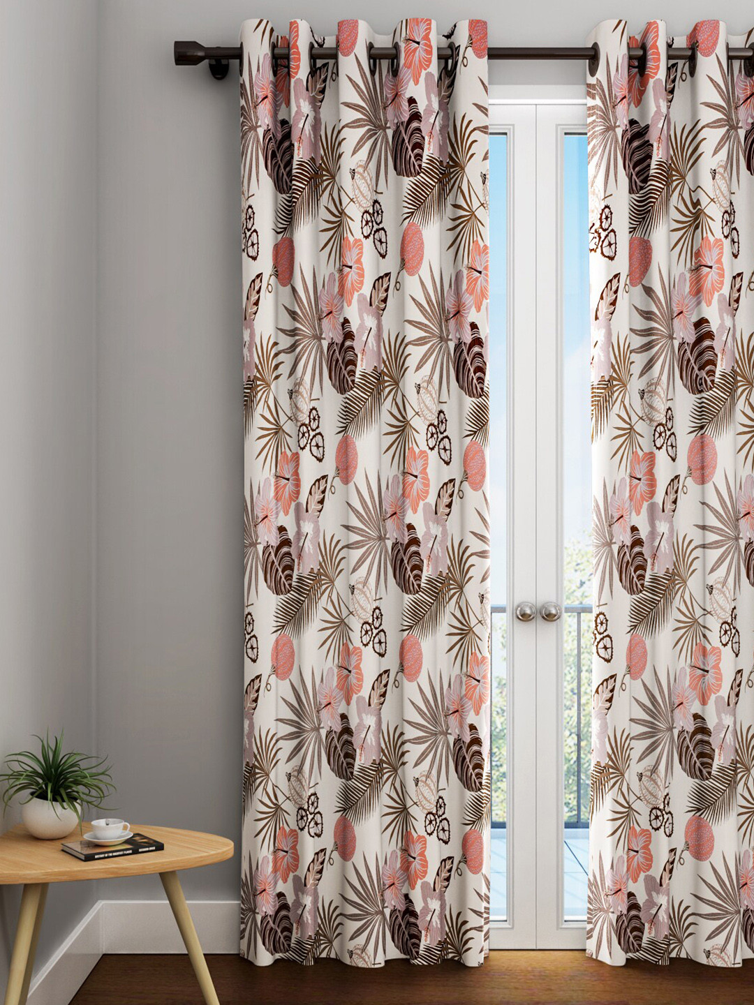 URBAN DREAM Peach-Coloured & Off White Floral Cotton Long Door Curtain