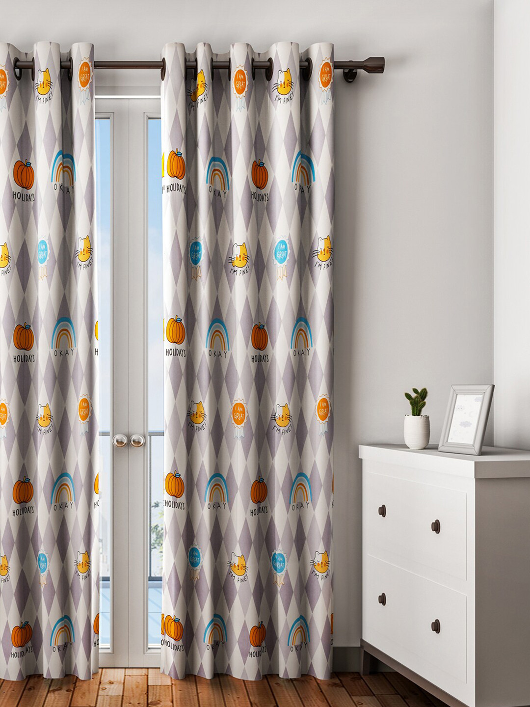 URBAN DREAM Grey & Orange Quirky Cotton Door Curtain