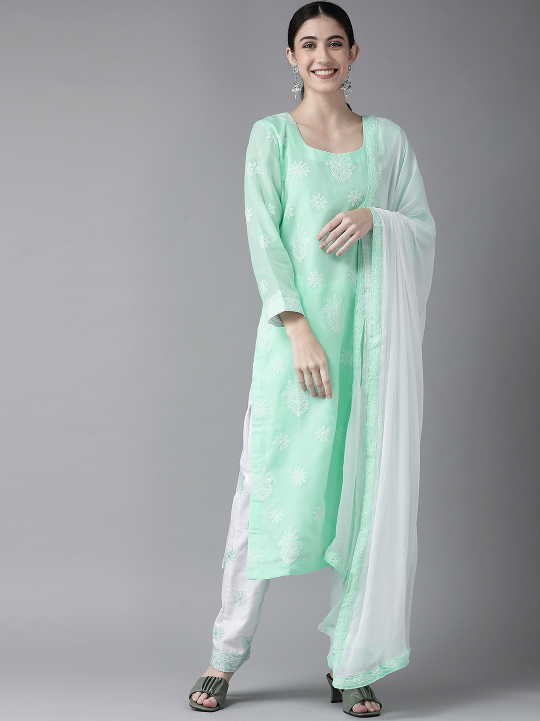 ADA Sea Green & White Chikankari Hand Embroidered Handloom Unstitched Dress Material