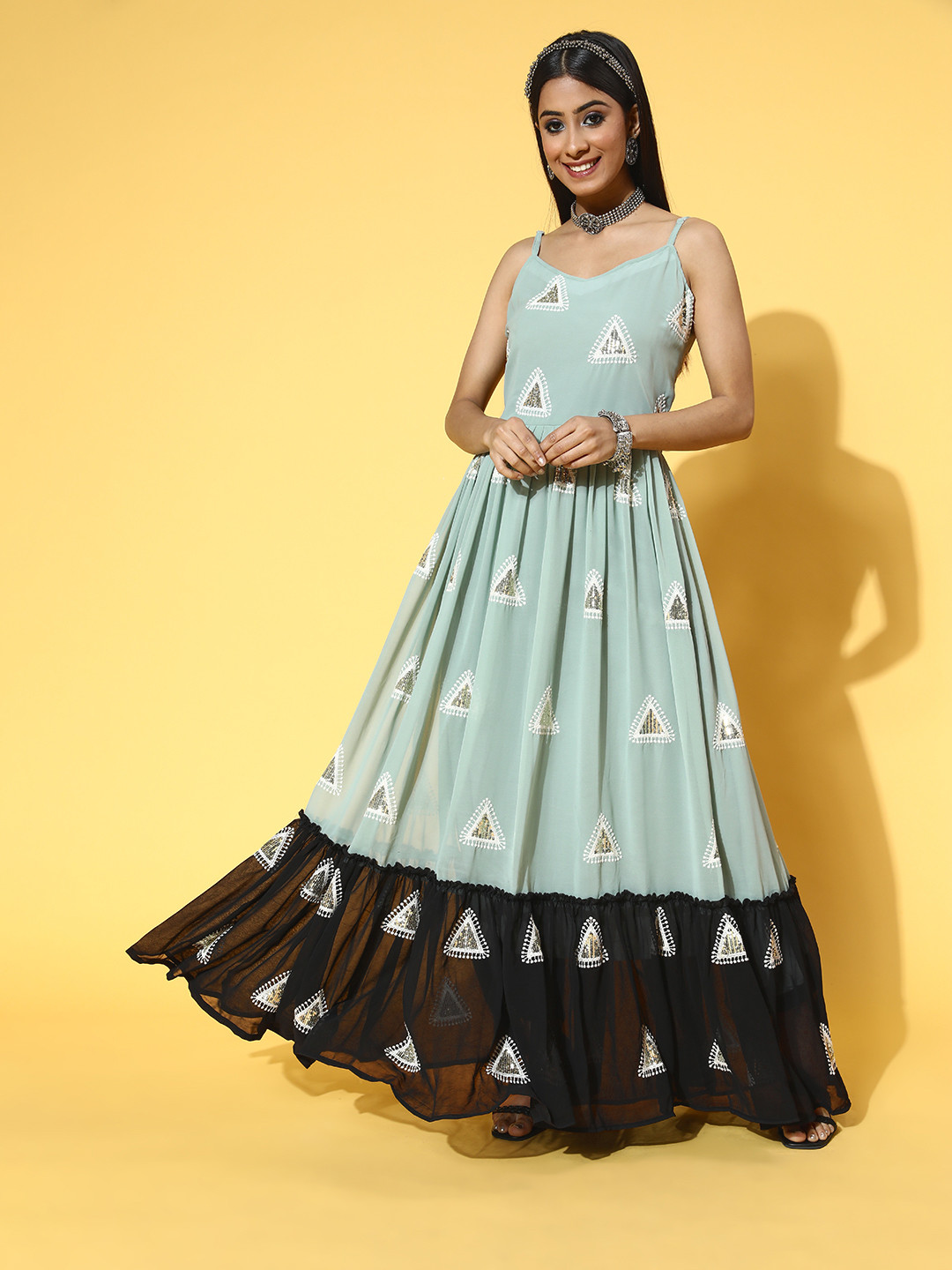 Kvsfab Women Elegant Sea Green & Black Sequins Embroidered Color Block Flared Gown