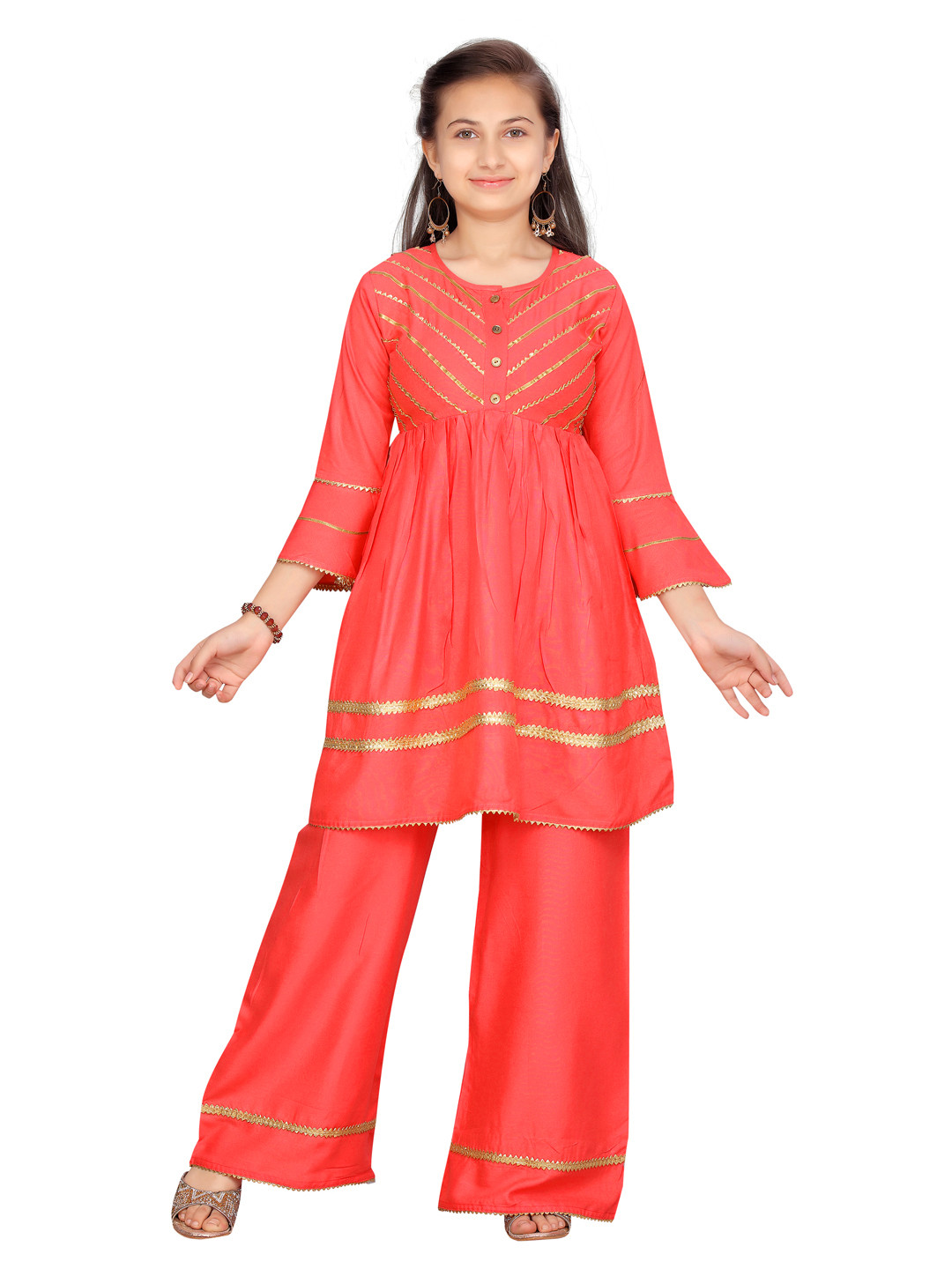 Aarika Girls Coral Pink & Golden Gotta Patti Yoke Design Cotton Kurta with Palazzos