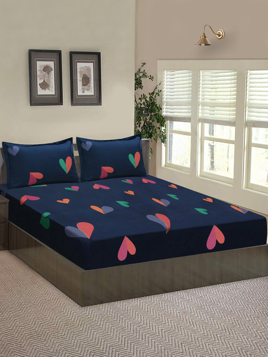 Good Homes by Home Candy Navy Blue & Red Conversational 140 TC Queen Bedsheet with 2 Pillow Covers