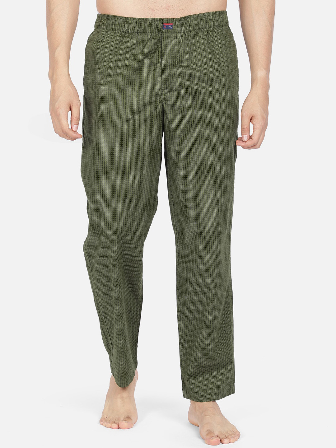 IVOC Men Olive Green & White Checked Slim-Fit Lounge Pants