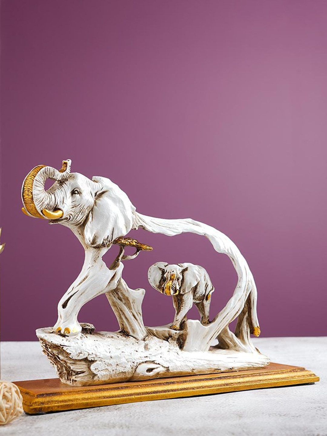 THE ARTMENT White & Gold-Toned Elephant Fengshui Showpiece With Wooden Base