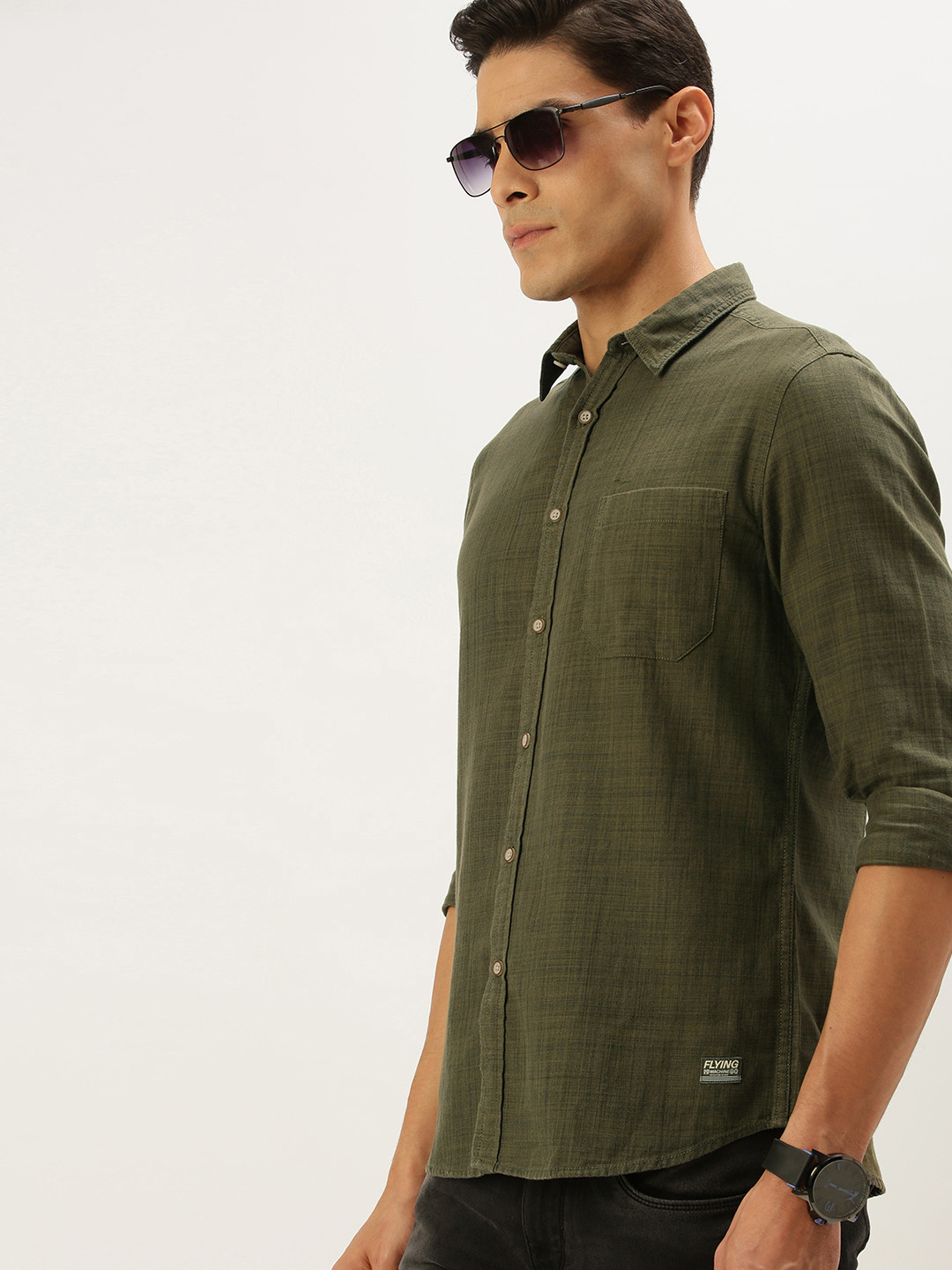 Flying Machine Men Olive Green Regular Fit Multi Stripes Casual Shirt