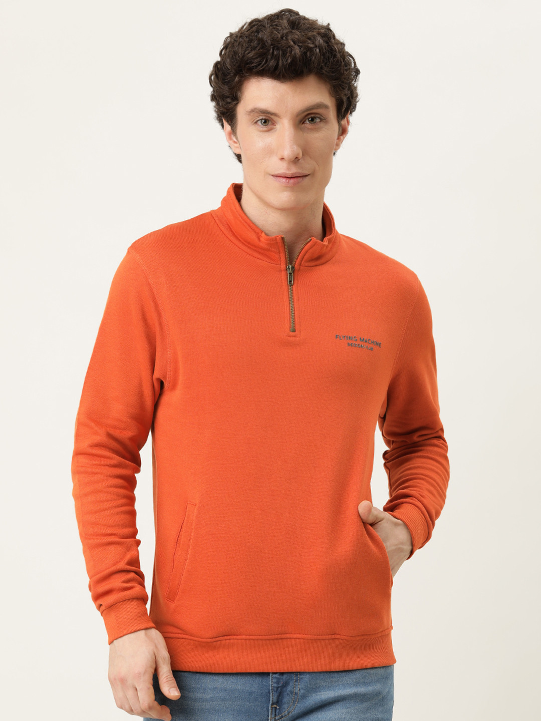 Flying Machine Men Orange Half Zip Placket Sweatshirt