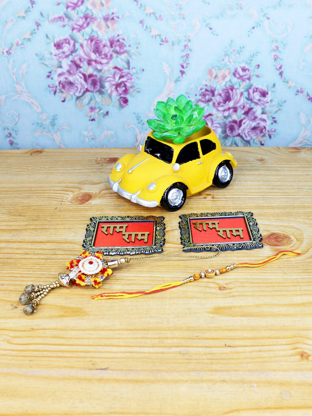 Wonderland Yellow & Red Set Of 2 Rakhi With Car Planter
