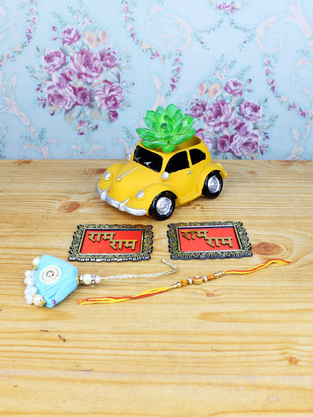 Wonderland Yellow & Red Set Of 2 Rakhi With Car Succulent Planter