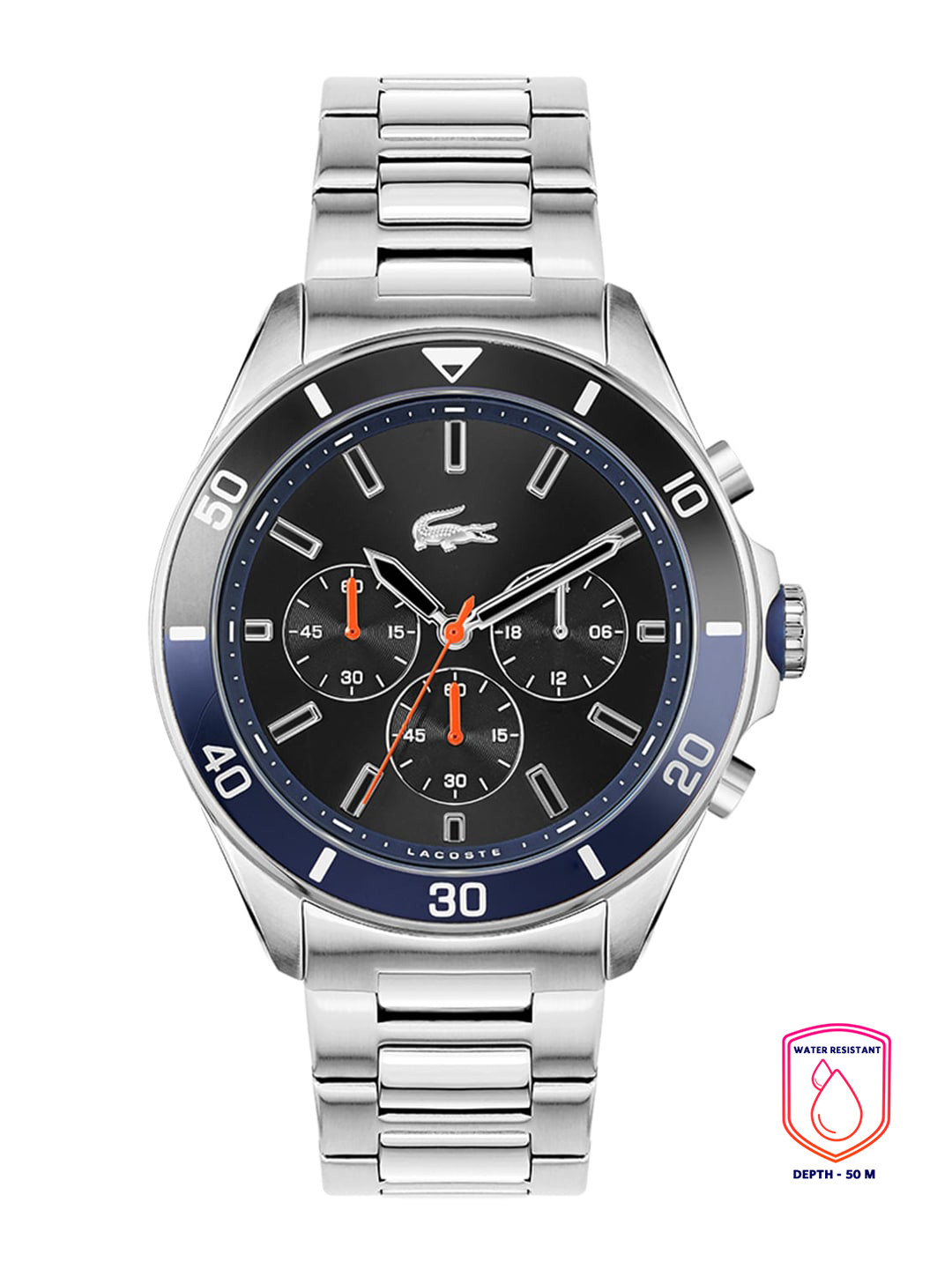 Lacoste Men Black Brass Dial & Silver Toned Stainless Steel Analogue Watch 2011155