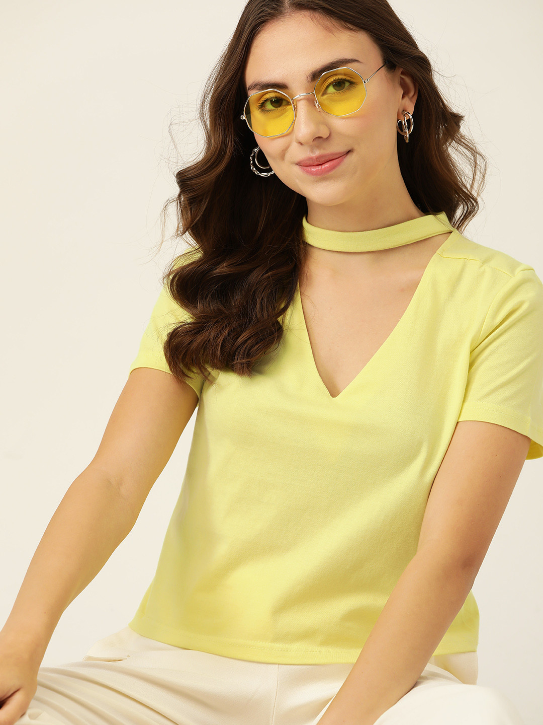 DressBerry Women Yellow Solid Pure Cotton Cut-Out T-shirt