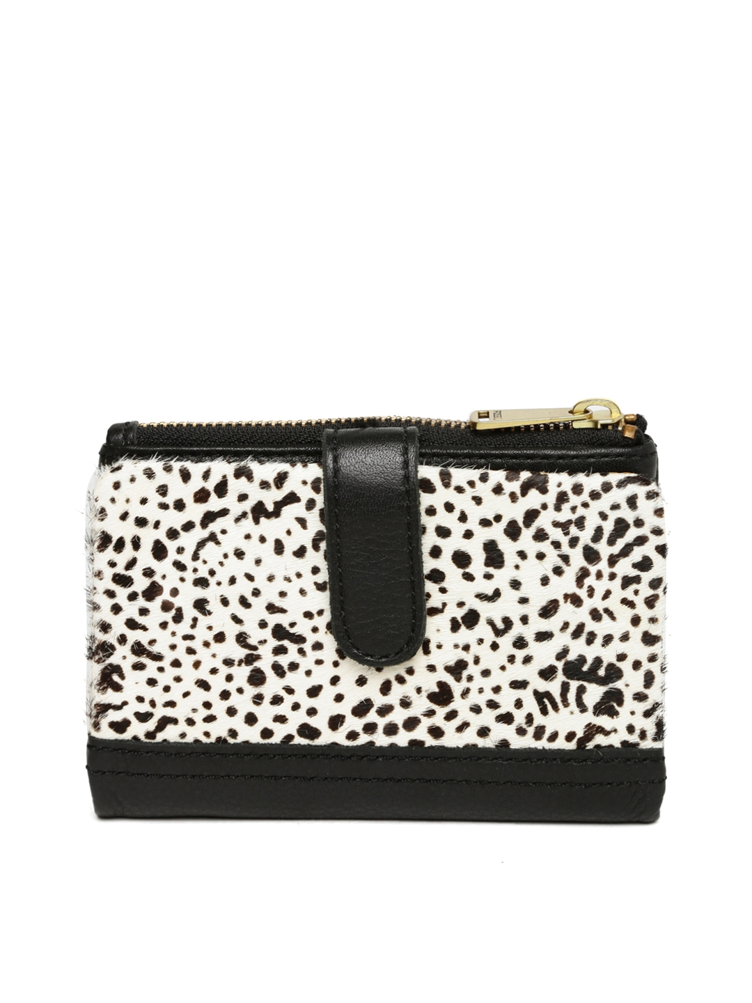 Fossil Black & Off-White Leather Animal Print Wallet