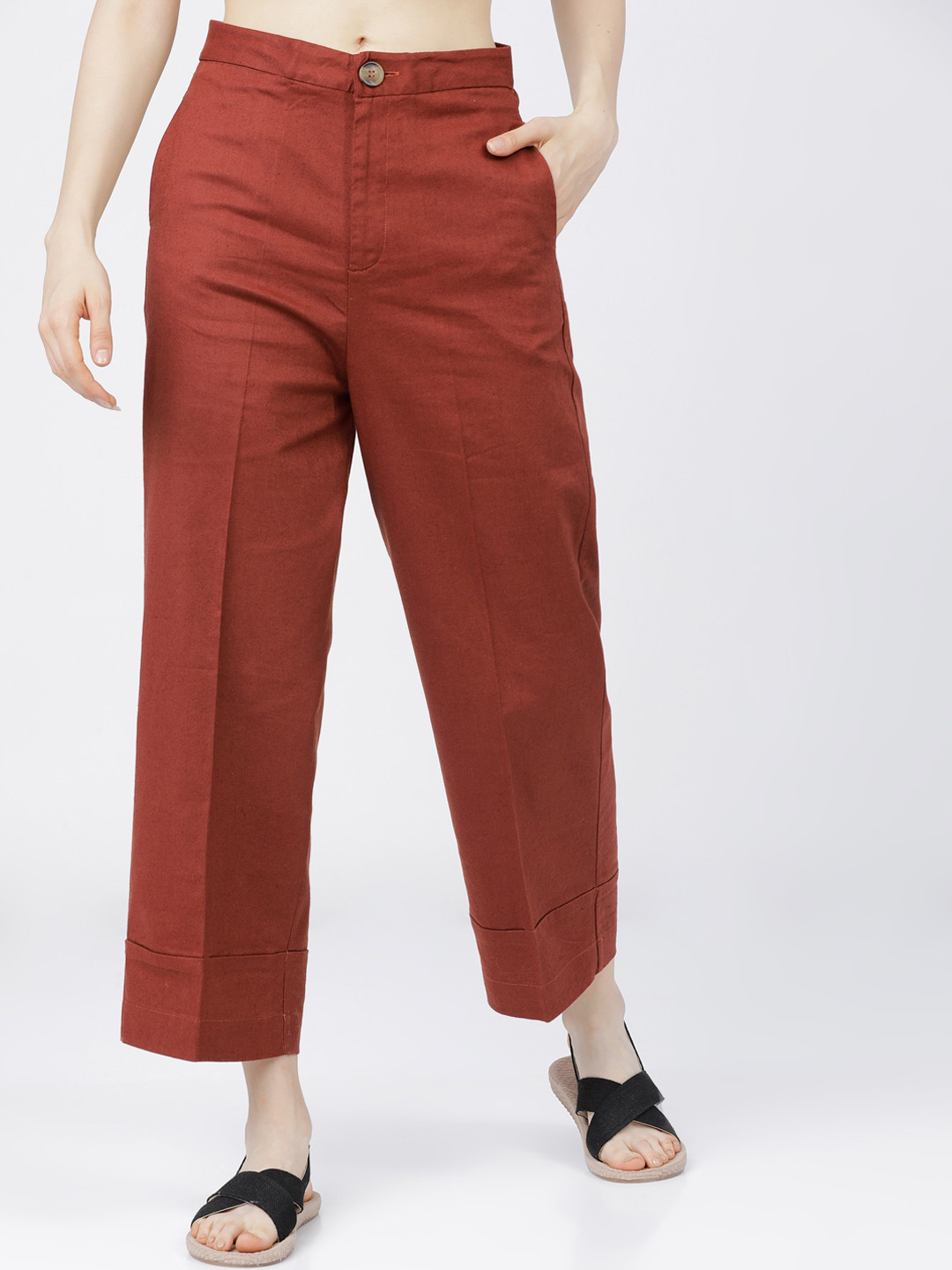 Tokyo Talkies Women Rust Straight Fit High-Rise Trousers