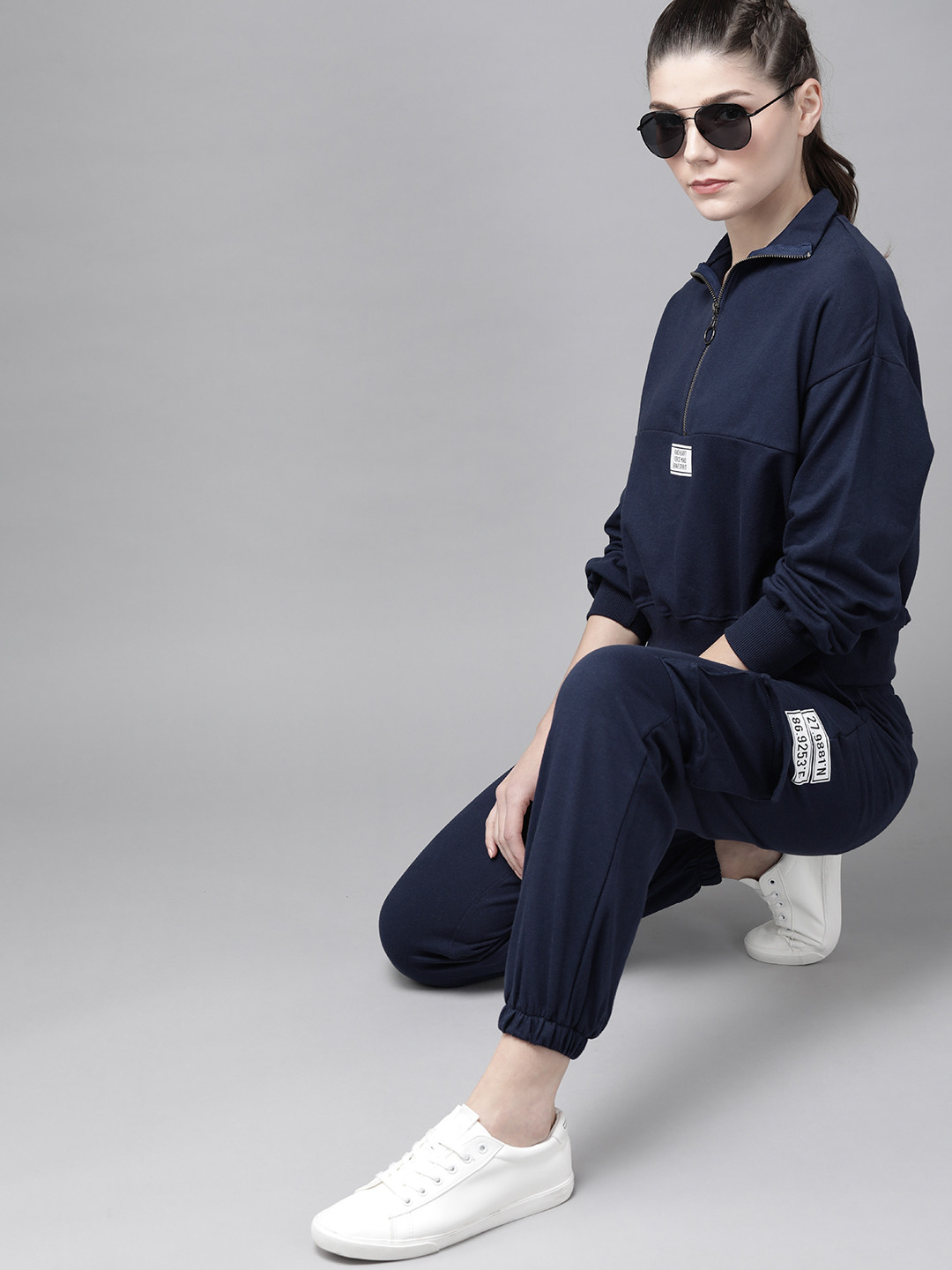 Roadster Women Navy Blue Solid Half-Zipper Sweatshirt with Joggers