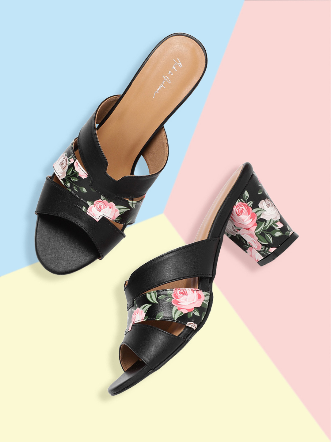 Mast & Harbour Black & Green Floral Printed Block Heels
