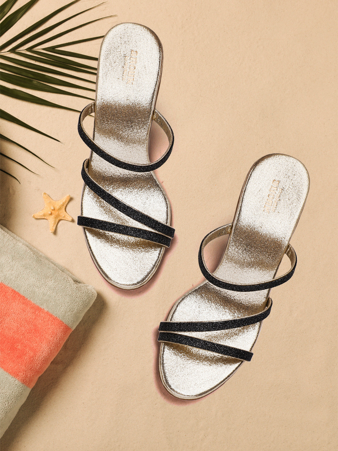 Anouk Charcoal Grey & Gold-Toned Shimmer Party Open Toe Block Heels