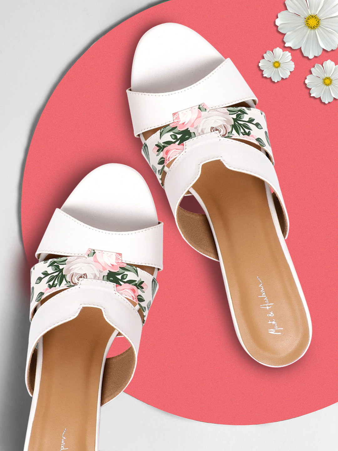 Mast & Harbour White & Green Floral Printed Block Heels