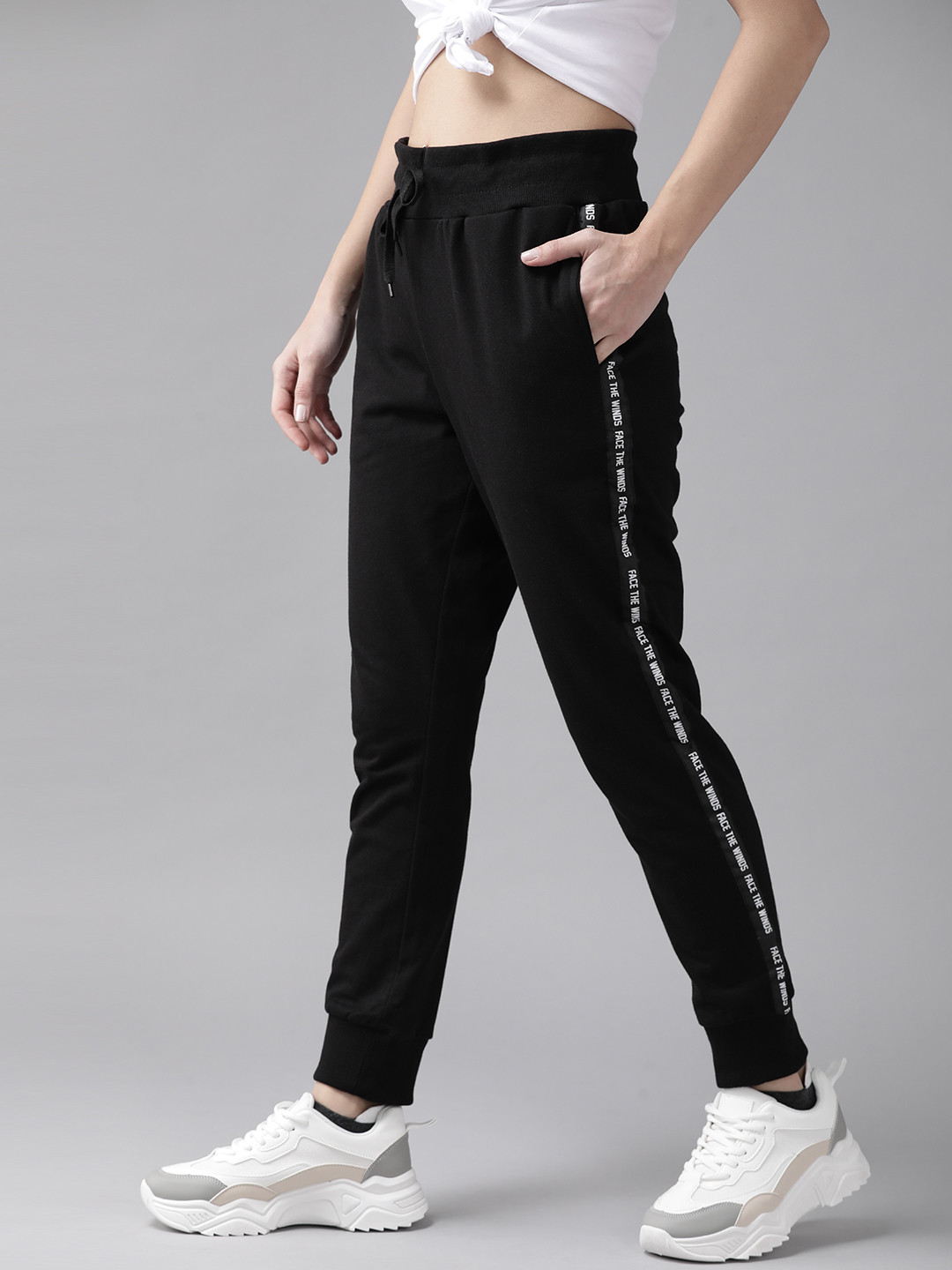 Roadster Women Black Solid Joggers with Side Taping