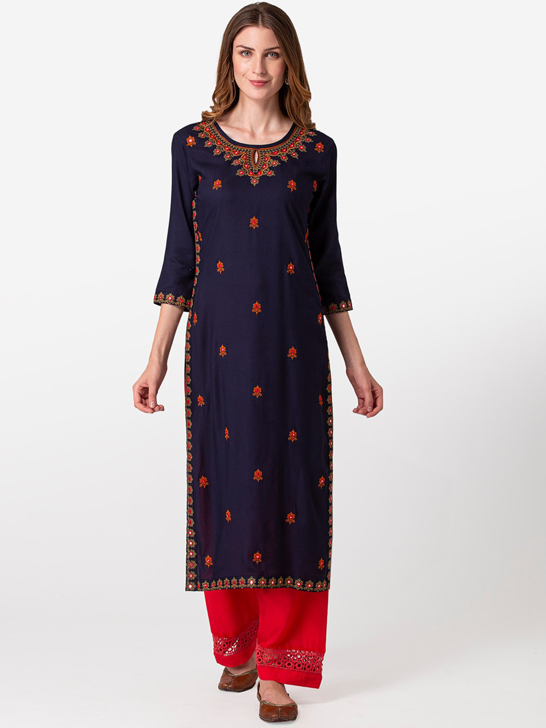 FASHION DEPTH Women Navy Blue & Yellow Floral Embroidered Mirror Work Straight Kurta