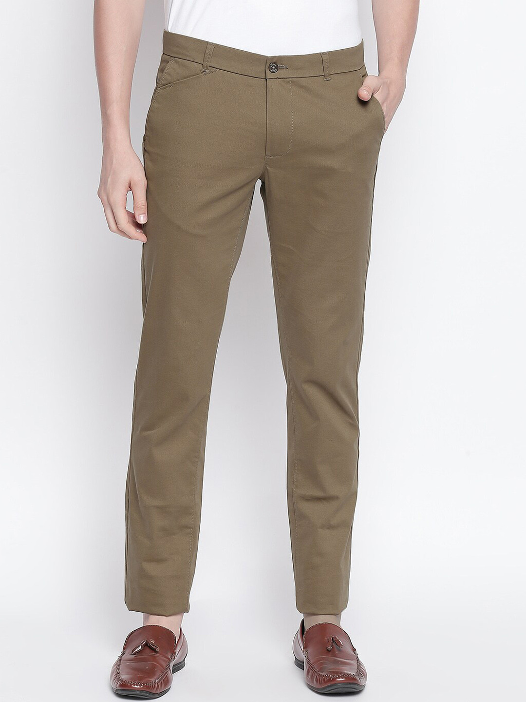 Basics Men Khaki Textured Tapered Fit Trousers