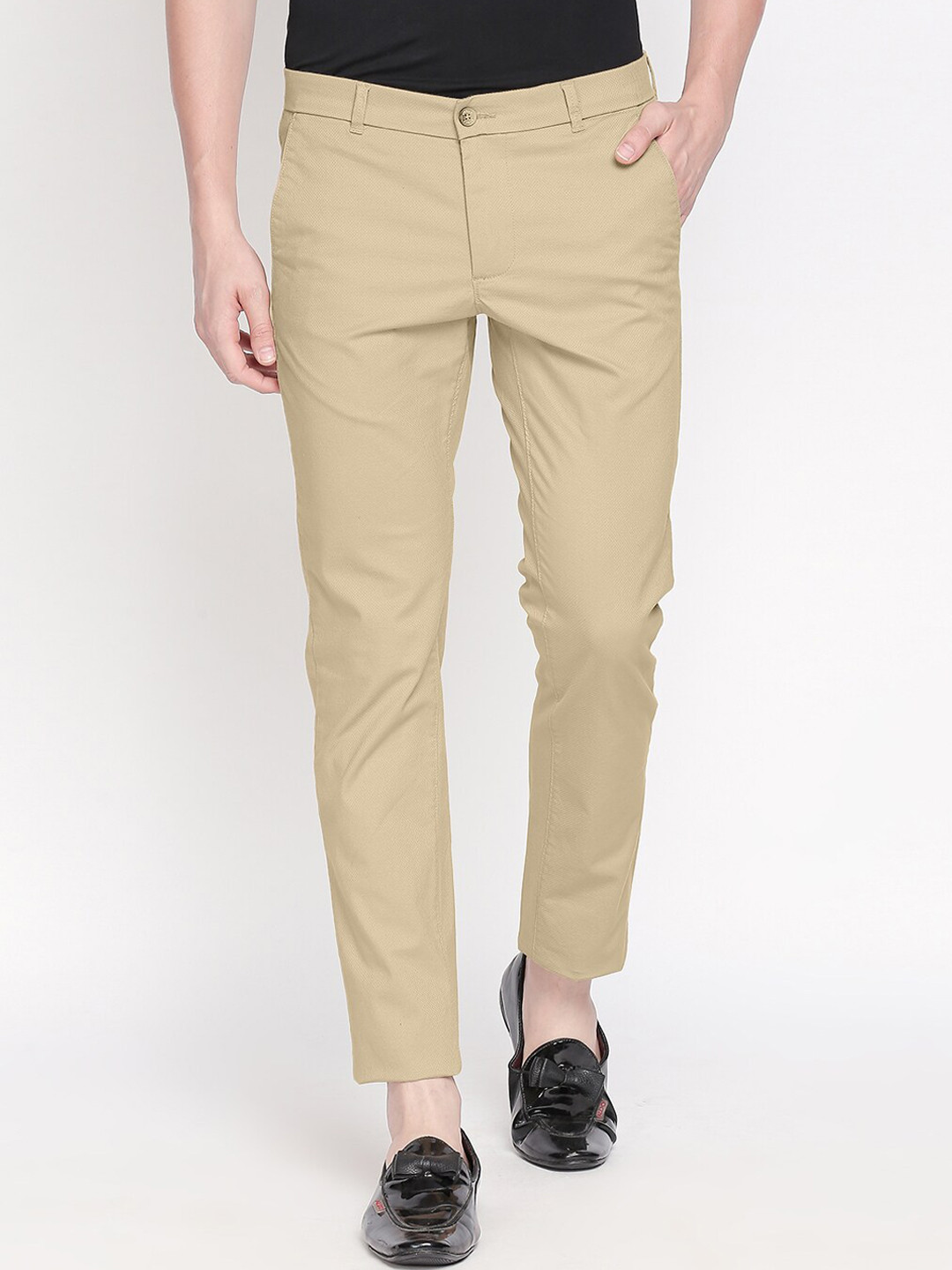 Basics Men Khaki Textured Tapered Fit Trousers