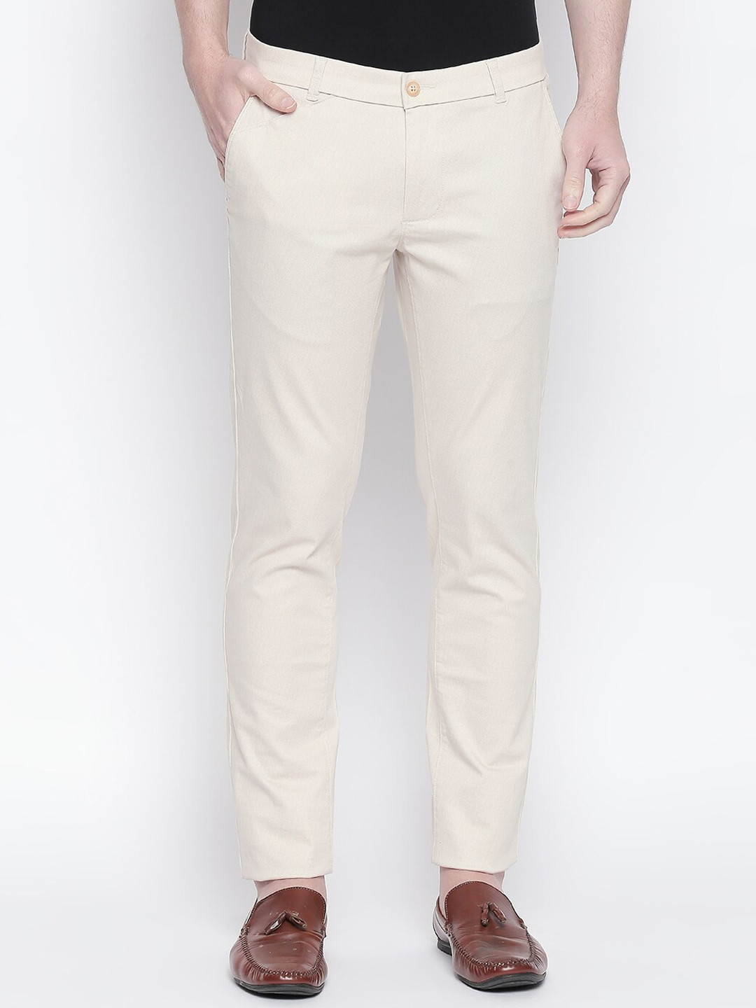 Basics Men Off White Tapered Fit Trousers