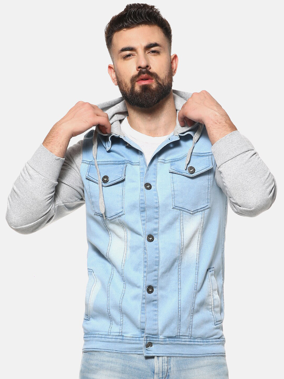 Campus Sutra Men Blue Grey Washed Windcheater Denim Jacket