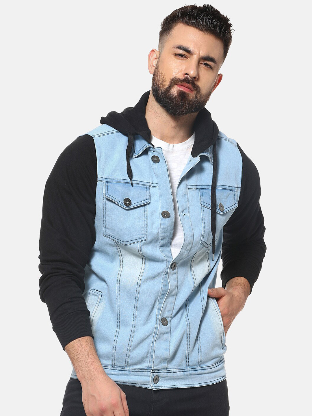 Campus Sutra Men Blue Black Windcheater Denim Jacket