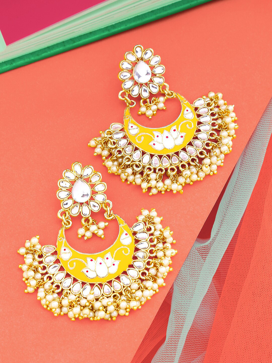 Yellow Chimes Yellow Meenakari Chandbalis Earrings