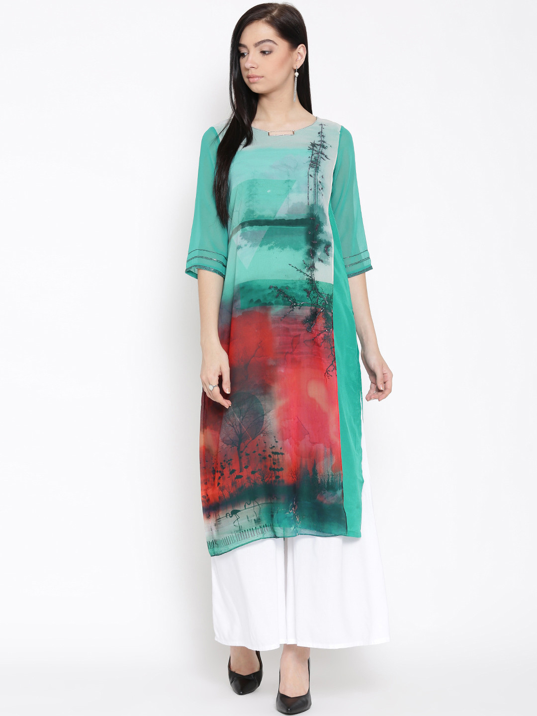 WISHFUL by W Women Sea Green Printed Kurta