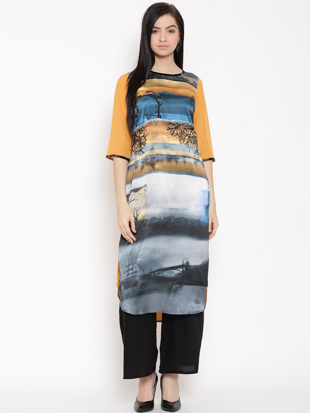 WISHFUL by W Women Grey & YelloWISHFUL by W Scenery Print Kurta