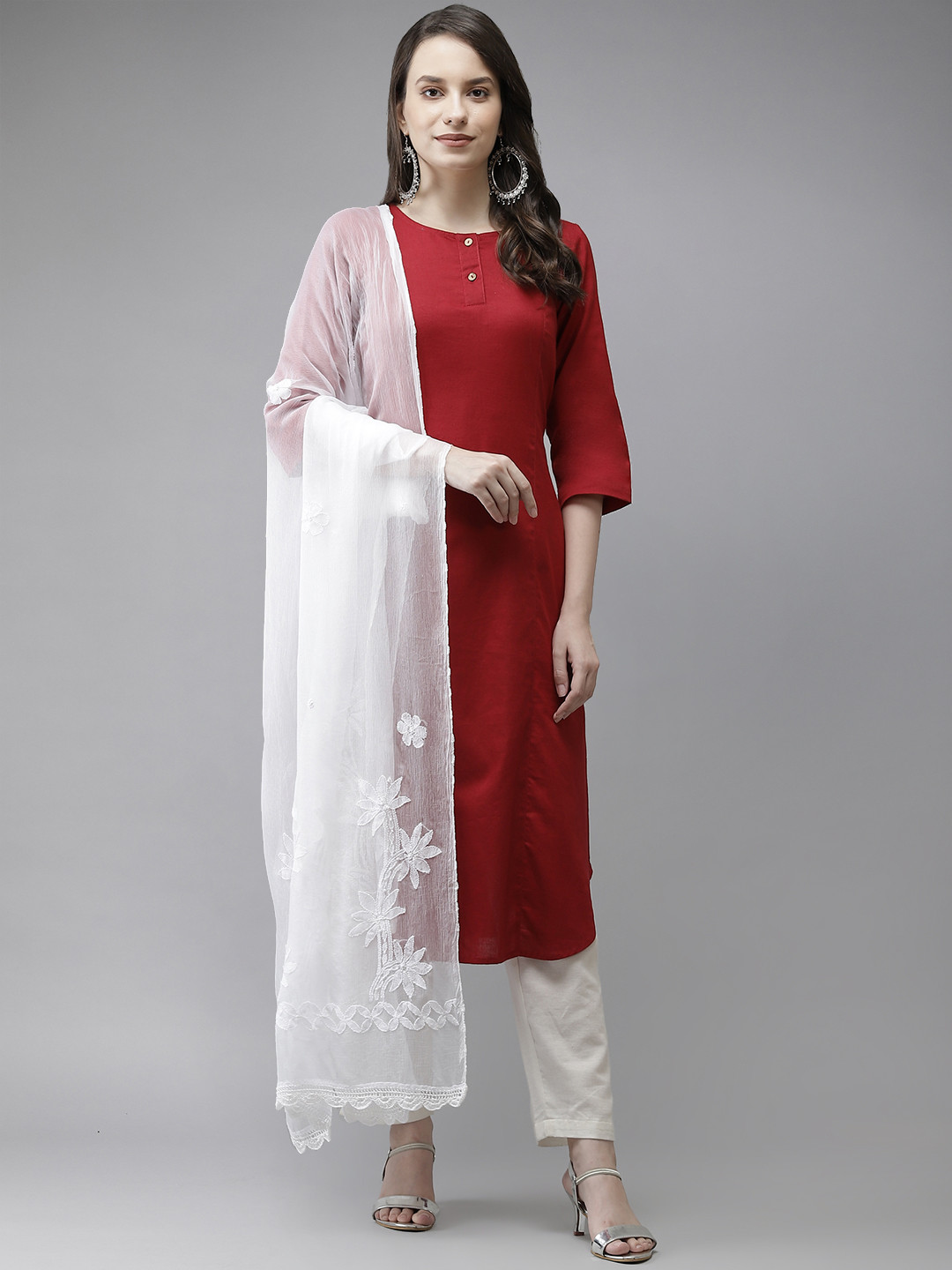 ADA White Chikankari Hand-Embroidered Dupatta