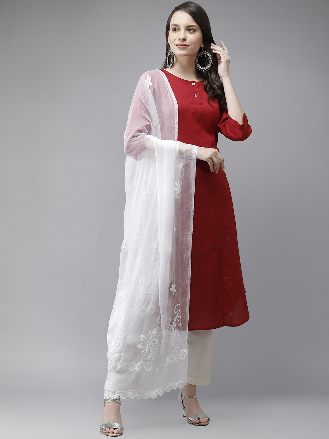 ADA White Chikankari Hand-Embroidered Dupatta
