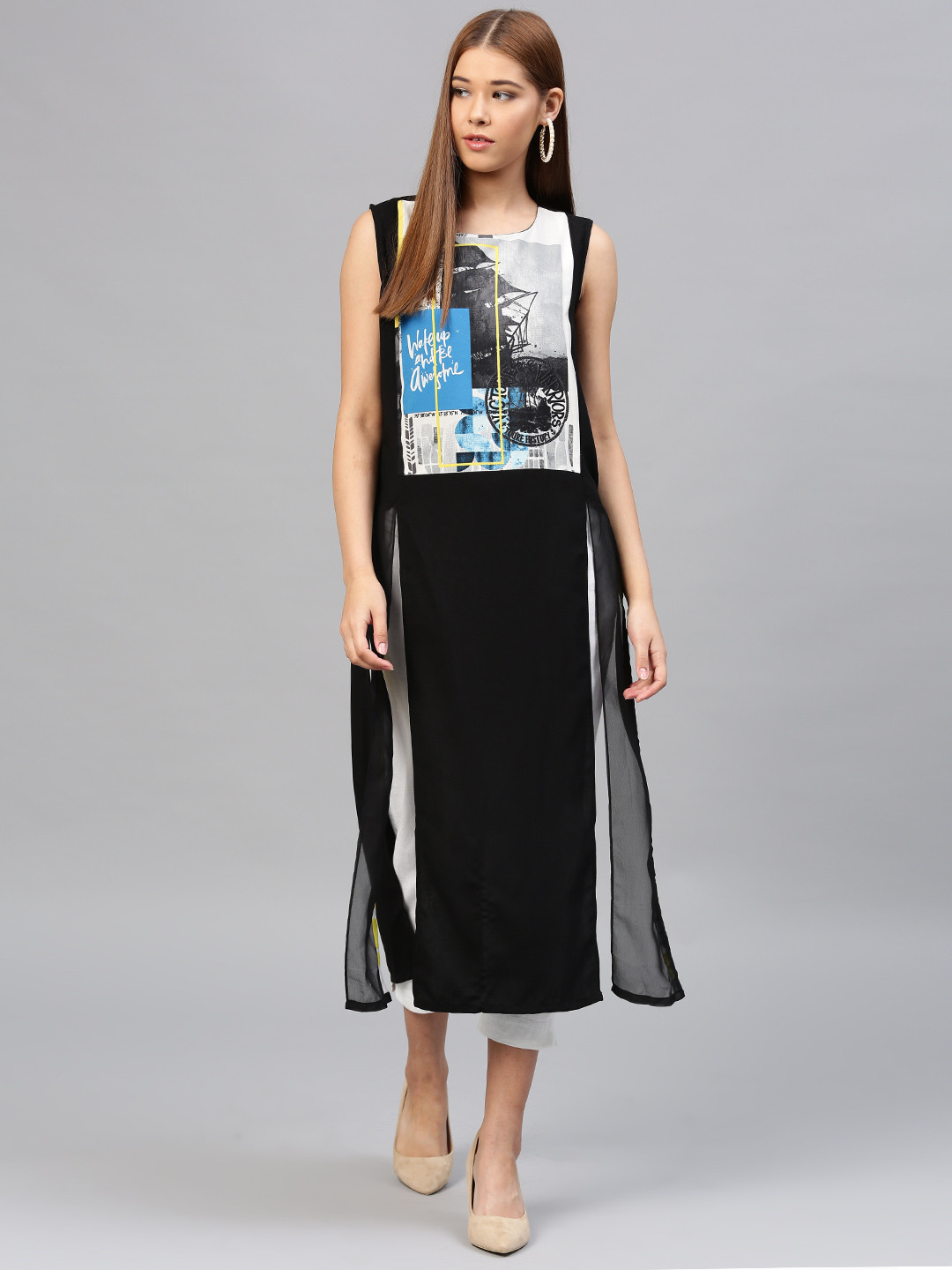 W Women Black Printed Maxi Tunic