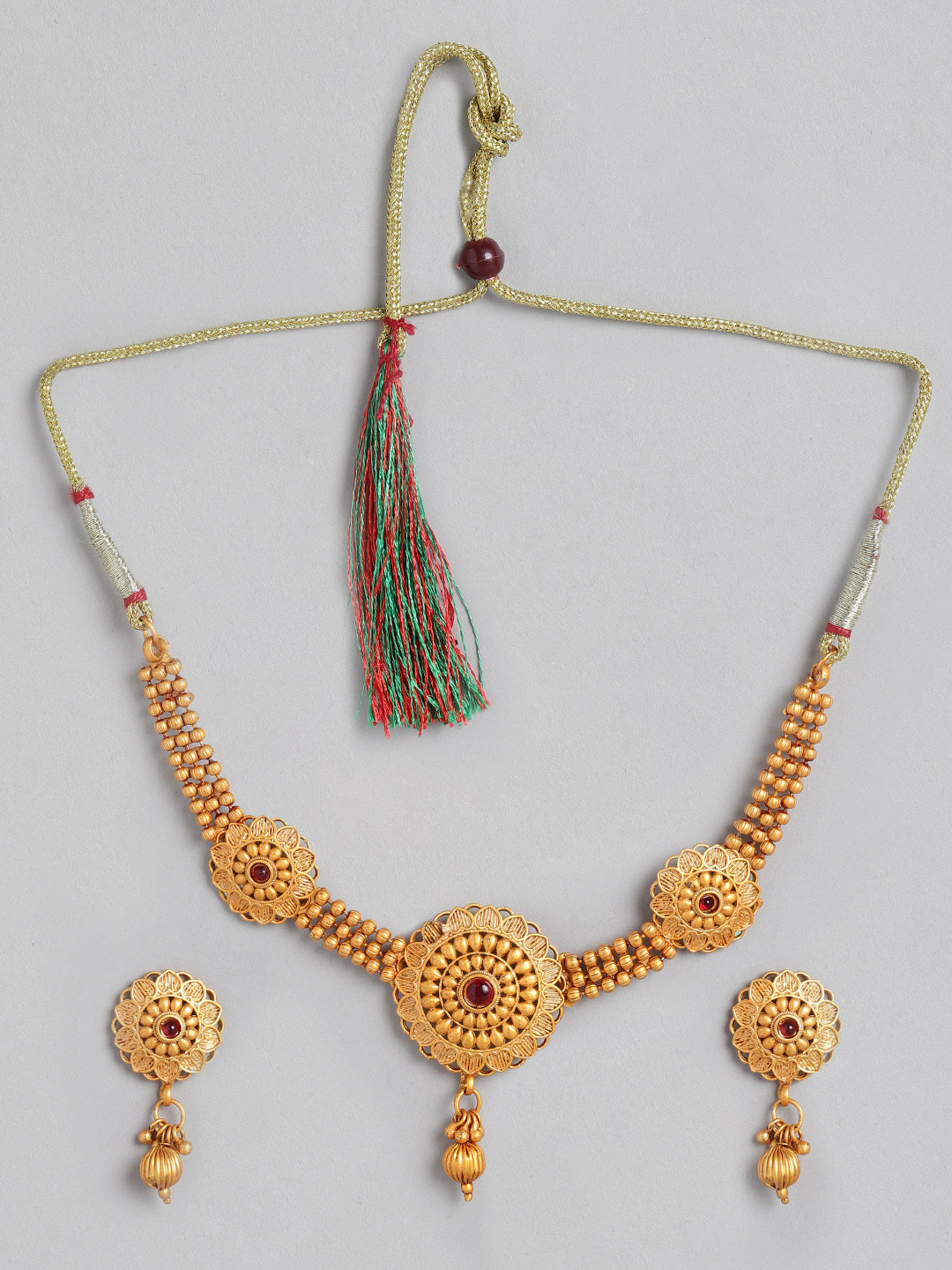 Kord Store Maroon Antique Gold-Plated Stone-Studded Jewellery Set