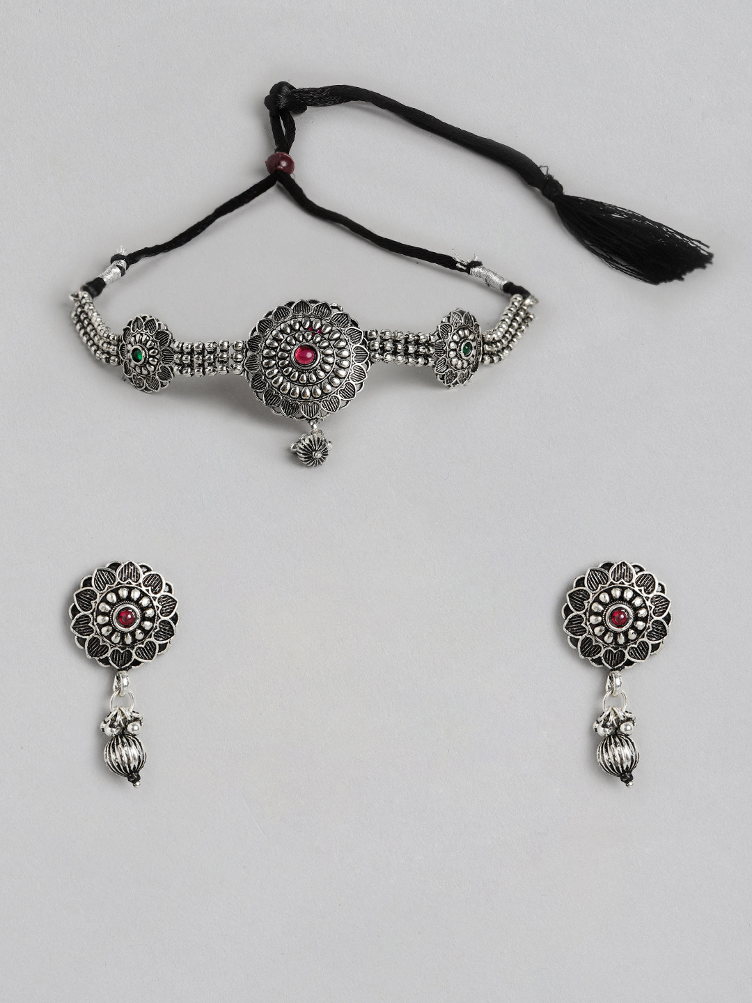 Kord Store Silver-Toned & Red Oxidised Studded Jewellery Set
