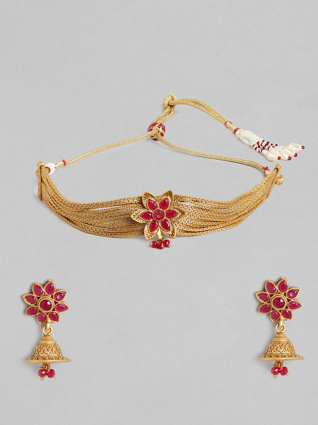 Kord Store Maroon Gold-Plated Stone-Studded Floral Jewellery Set
