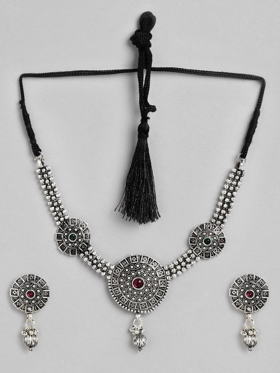 Kord Store Woman Black  & Pink Oxidised Plated Round Shaped Choker Necklace Set