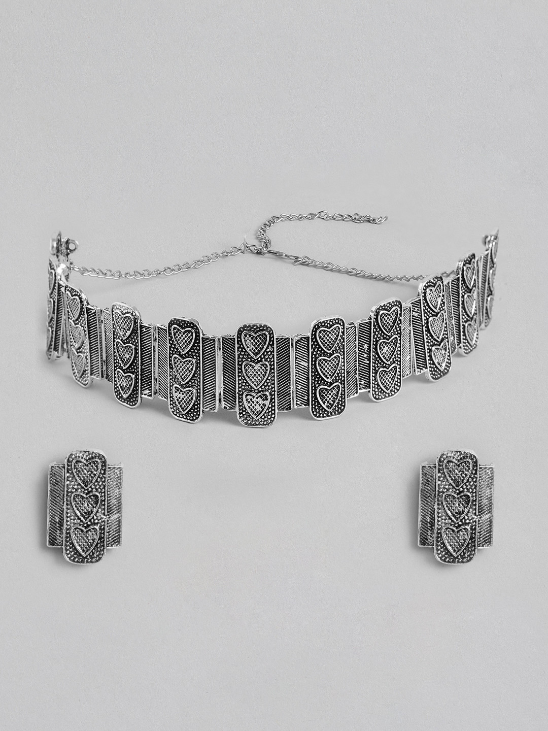 Kord Store Silver-Toned Oxidised Textured Choker Jewellery Set