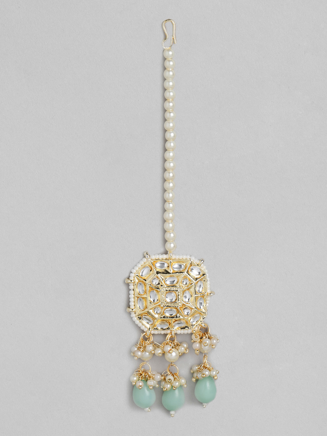 Kord Store Off-White & Mint Green Gold-Plated Stone-Studded & Beaded Maang Tika