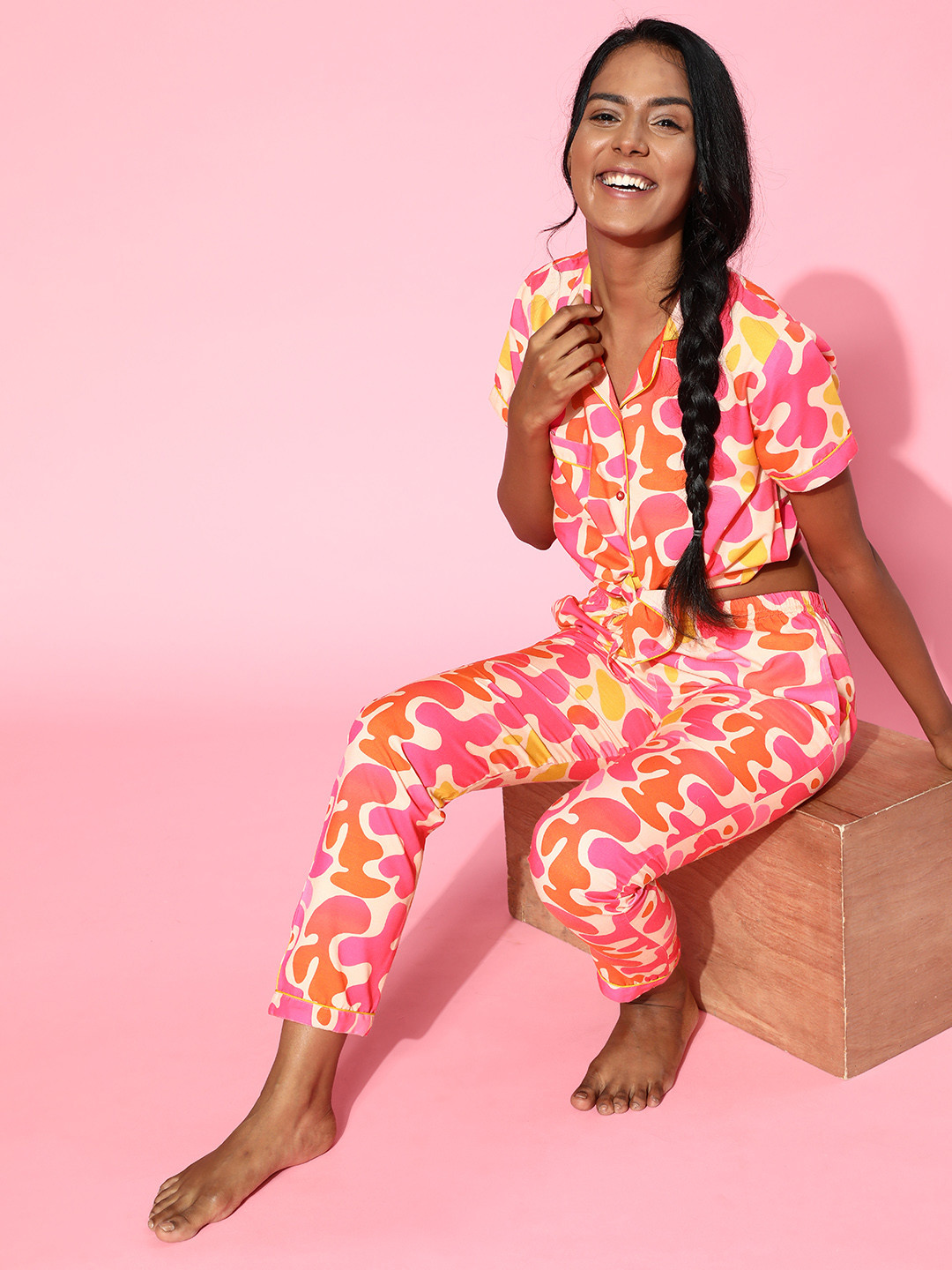 Aoba Women Beige & Pink Printed Pyjamas Set