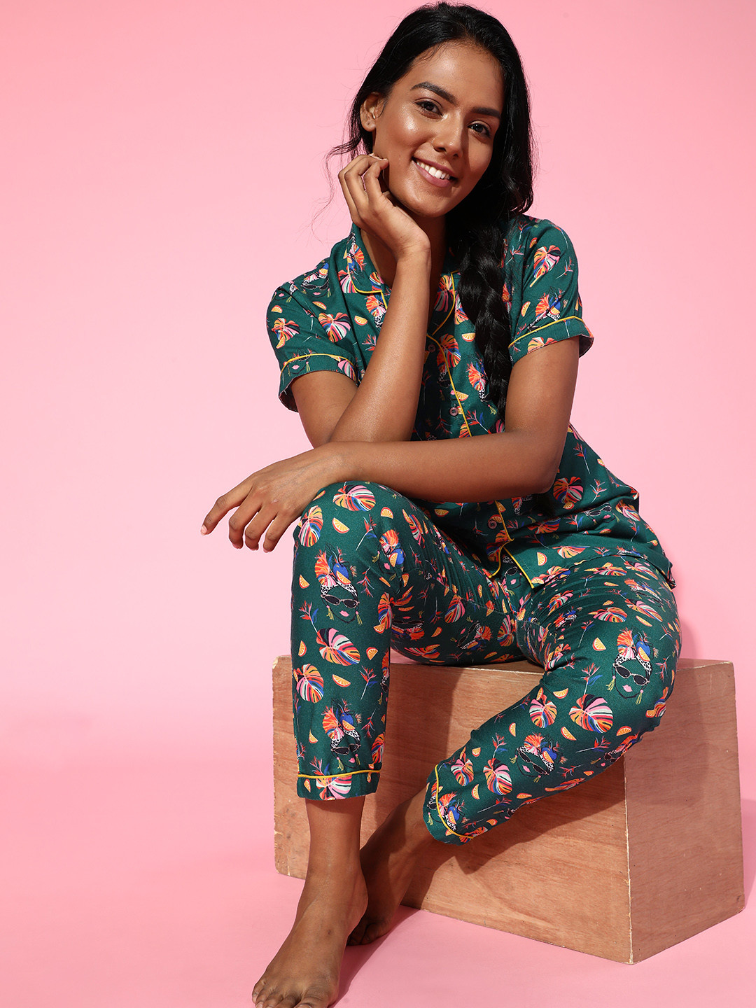 Aoba Women Teal Green & Orange Printed Printed Pyjamas Set