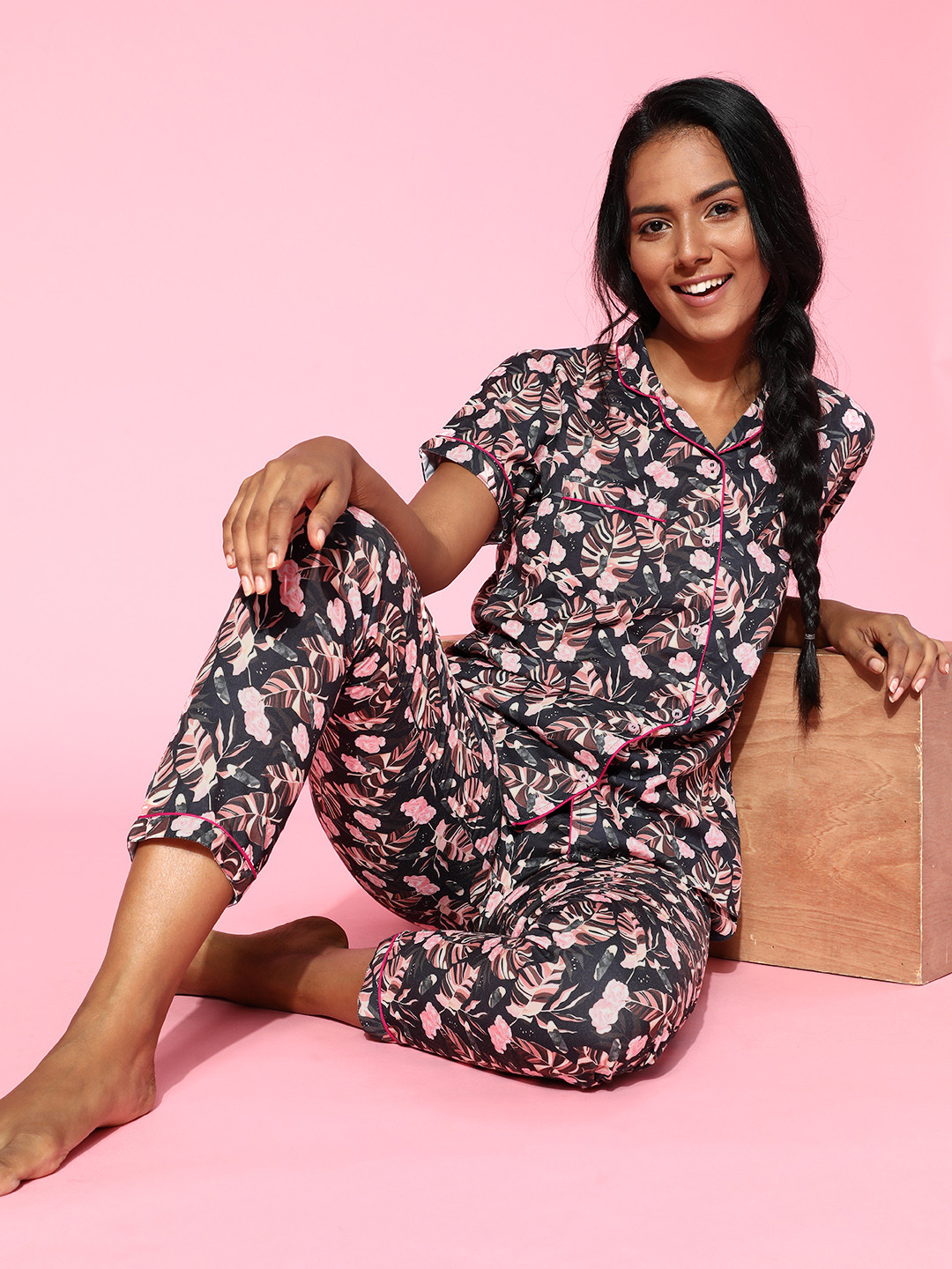 Aoba Women Charcoal Grey & Pink Printed Printed Pyjamas Set