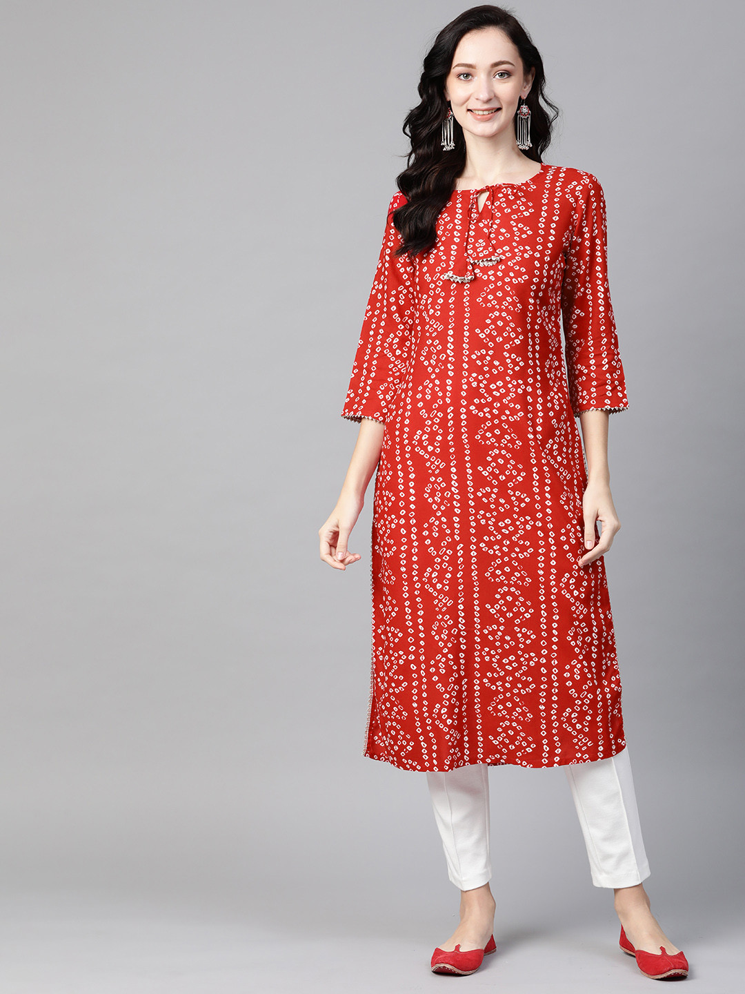 PIROH Women Red & White Bandhani Print Gotta Patti Straight Kurta